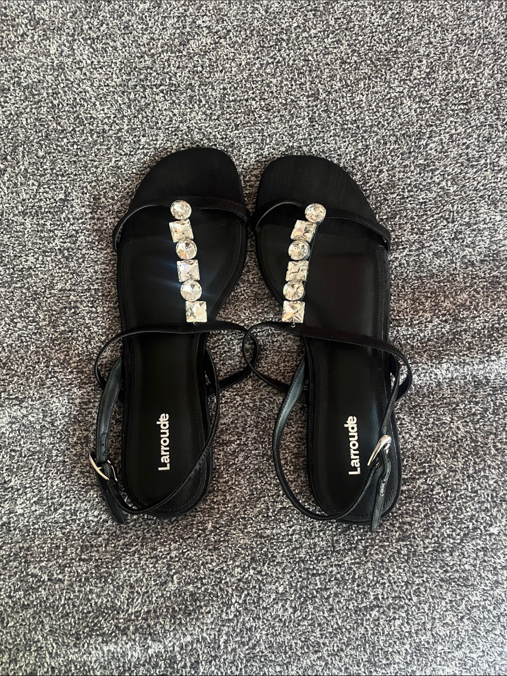 Black Embellished T-Strap Larroude Sandals